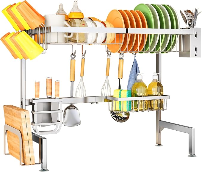 Over The Sink Dish Drying Rack - Adjustable Dish Rack for Kitchen Counter,Metal (Silver)