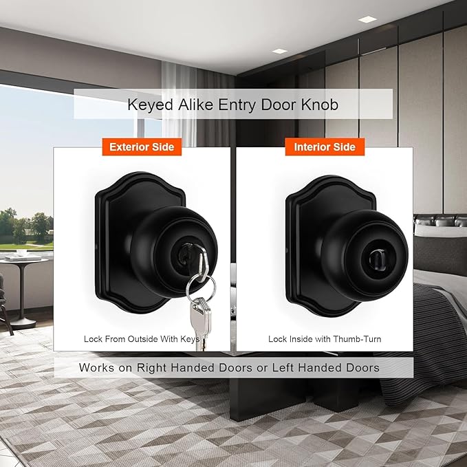 Haidms Keyed Entry Black Door Knob Interior, Exterior Locking Door Knobs, Matte Black Exterior Doorknobs with Lock and Key, 3 Pack