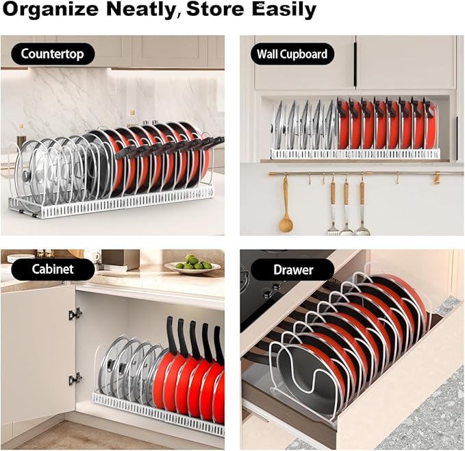 Housolution 2 Pack Pot and Pan Organizer Rack, 12"-23" Expandable Pot Lid Organizer with 14 Adjustable Dividers, Pan Holder Storage Rack for Kitchen Cabinet, White