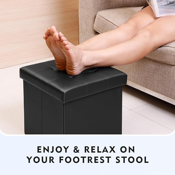 B FSOBEIIALEO Storage Ottoman Small Cube, Foot Rest Seat Faux Leather Dorm Room Ottoman Black 12.6"X12.6"X12.6" (2 Pack)