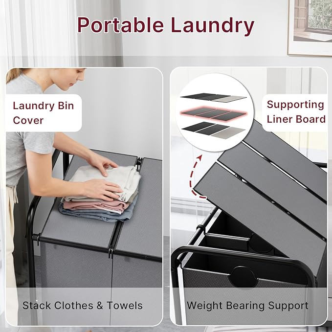 3-Compartment Laundry Cart with Lockable Wheels & Lid 180L Large Wheeled Laundry Basket Heavy-Duty Sorting Organizer for Laundry Room (Grey)