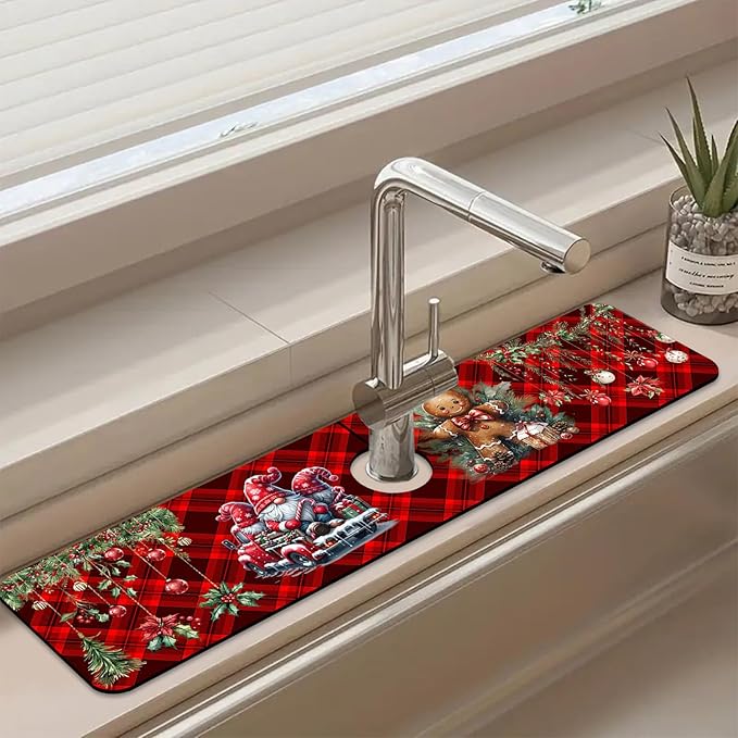 Chrismas Sink Splash Guard Faucet Mat Cute Christmas Absorbent Fast Drying Mat Sink Gadgets Splash Guard Behind Faucet Drip Catcher for Kitchen Bathroom 23.5"X5.5"