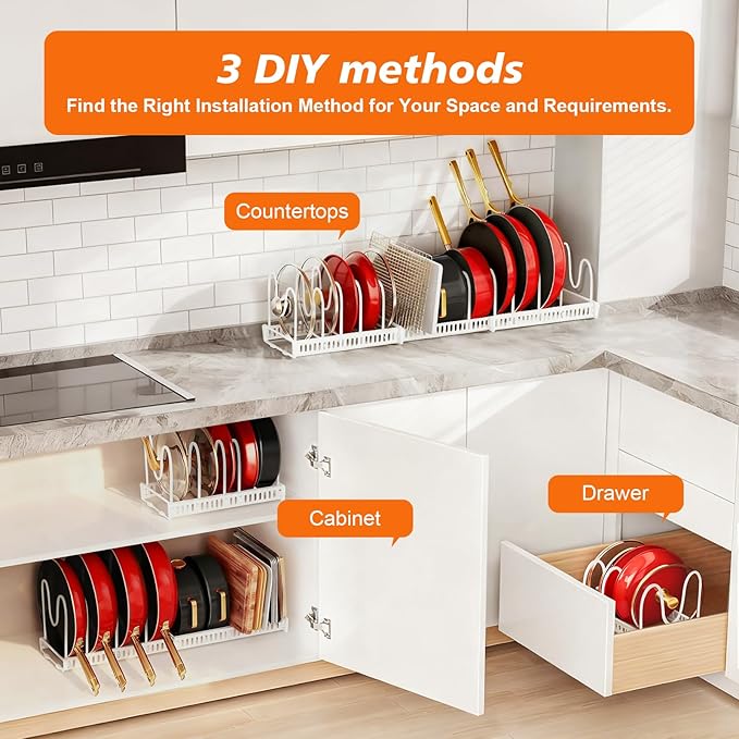 Expandable Pots and Pans Organizer Rack for Under-Cabinet Storage - Adjustable Kitchen Cabinet Organizer with 13 Dividers, Cutting Board Holder & 6 Non-Slip Silicone Pads-White