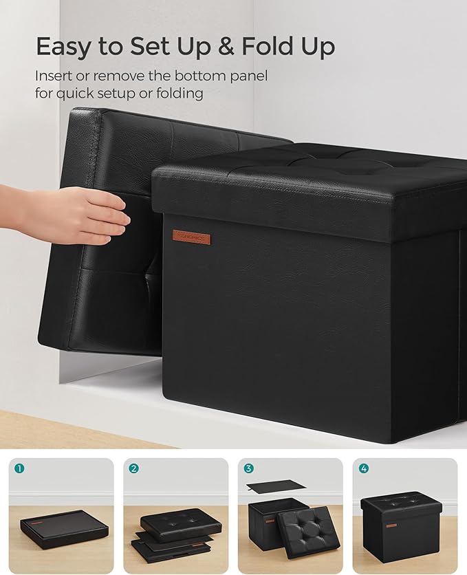 SONGMICS Small Folding Storage Ottoman, Foot Rest Stool, Cube Footrest, Synthetic Leather, 12.2 x 16.1 x 12.2 Inches, 286 lb Capacity, for Living Room, Bedroom, Dorm, Ink Black ULSF100B01
