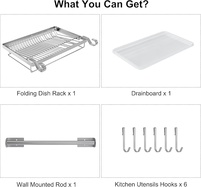 TQVAI Over Sink Dish Drainer Drying Rack, Stainless Steel Foldable Wall Mounted Dish Racks with Drainboard Hanging Rod and Sponge Holder, Silver