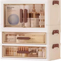 A stackable desktop organizer with drawers and compartments, ideal for storing cosmetics, beauty tools, jewelry, and school supplies in a student dorm. Features a convenient magnetic door handle.