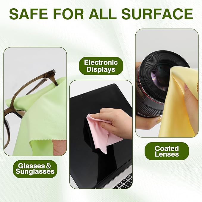 60-Pack Microfiber Cleaning Cloths for Glasses, 6x7 Inch Premium Lens Cleaning Cloth for Screens, Cameras, Eyeglasses, Cell Phone, LCD TV Screens，Pink，Green，Yellow