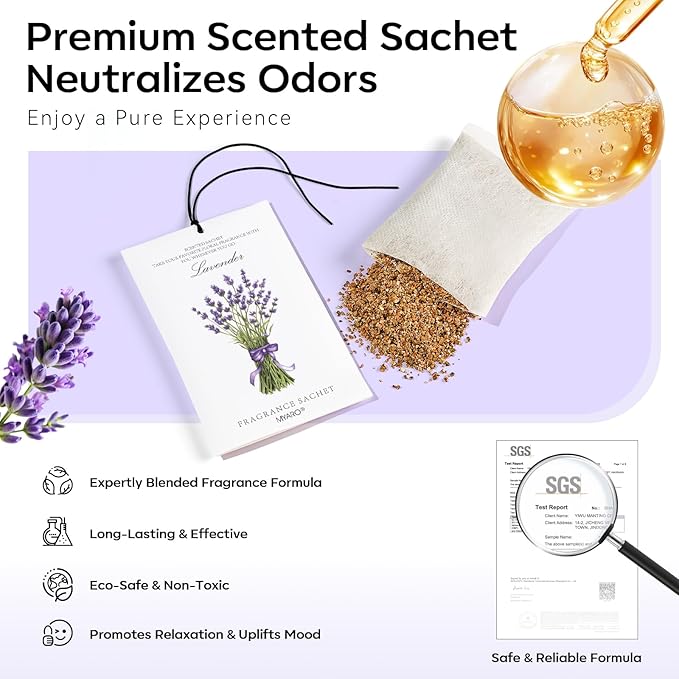 MYARO 12 Pack Assorted Floral Scented Sachets - Lavender, Rose, Jasmine, Ocean, Gardenia & Lily | Drawer, Closet & Car Air Freshener Bags | Multi-Scent Home Fragrance Gift Set
