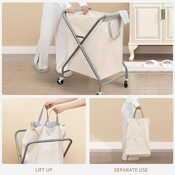 STORAGE MANIAC Collapsible Laundry Hamper with Wheels, Rolling Laundry Basket, Heavy Duty Cloth Sorter with Removable Bag, Folding X Frame Clothes Organizer Cart for Easy to Store, 1 Section