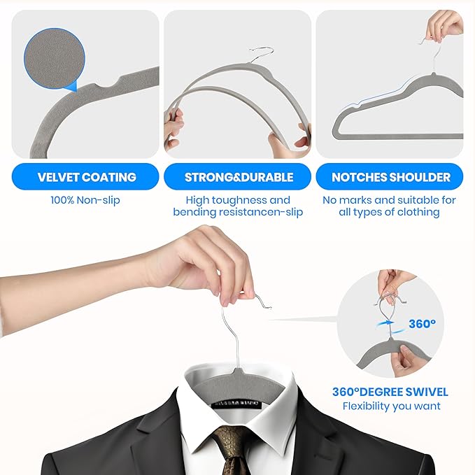 YSSOA Velvet Hangers 70 Pack, Non-Slip Clothes Hangers with Shoulder Notches, 360° Swivel Hooks, Heavy Duty Standard Hanger for Closet Space Saving, Grey