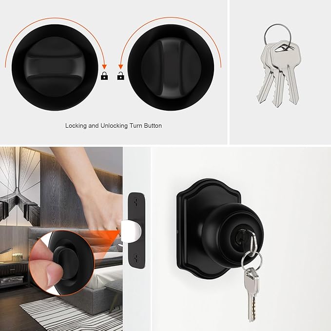 Haidms Keyed Entry Black Door Knob Interior, Exterior Locking Door Knobs, Matte Black Exterior Doorknobs with Lock and Key, 6 Pack