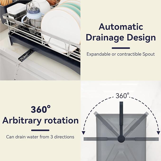 Dish Drying Rack, 304 Stainless Steel Dish Racks for Kitchen Counter with Cutlery Holder & Sponge Holder, Large Dish Drainer with Removable Drainboard, 11.8''W x 16.7''L (Stainless Steel)