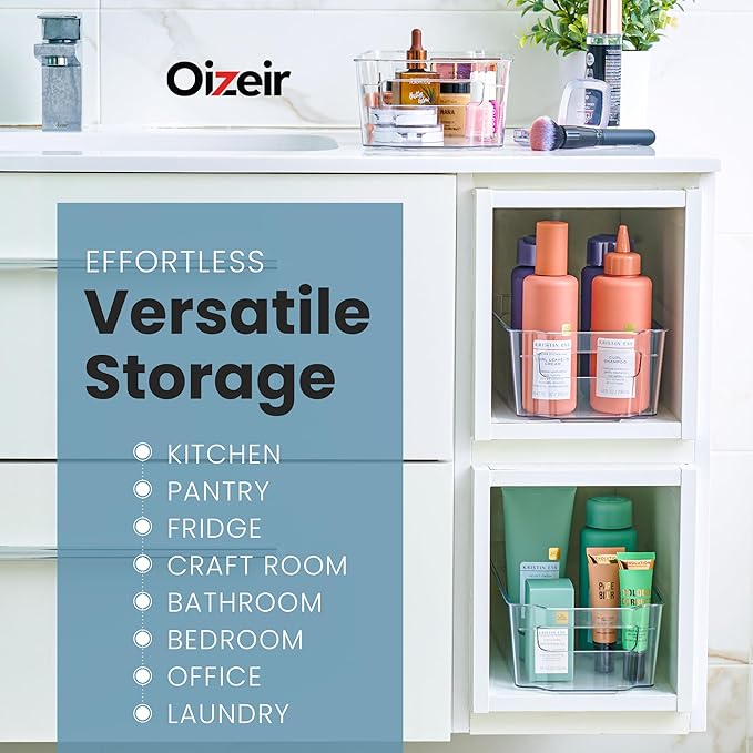 Oizeir 8 Pack Clear Plastic Fridge Organizer Bins - Stackable Refrigerator & Pantry Storage Bins with Handles for Snacks, Freezer, Kitchen Cupboard, and Cabinet Organization