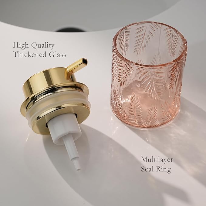 Glass Foam Soap Dispenser for Kitchen & Bathroom - Refillable Lotion Dispenser with Large Gold Pump (Leaf Pattern-Pink)
