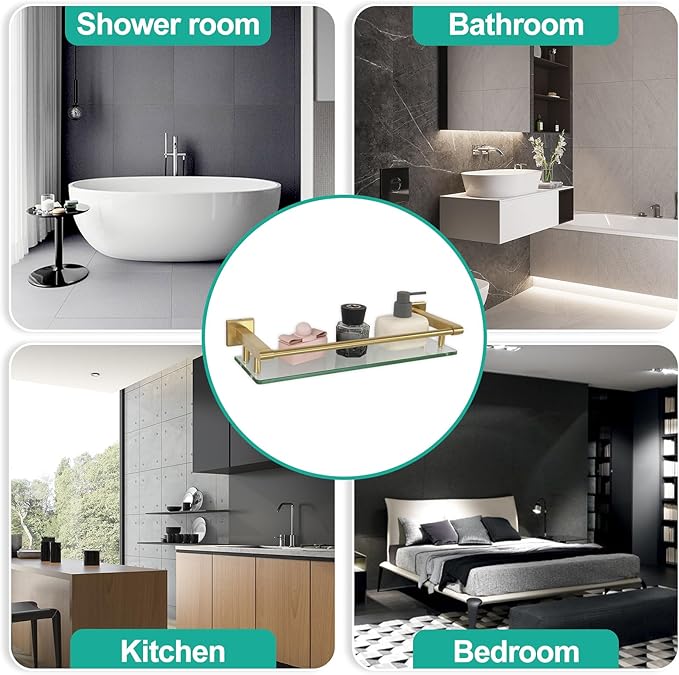 SFGSOWOR 16 Inch Brusheld Gold Bathroom Glass Shelves with Stainless Steel Railing, Tempered Floating Glass Modern Decoration Bathroom Shelf Sink Over Toilet