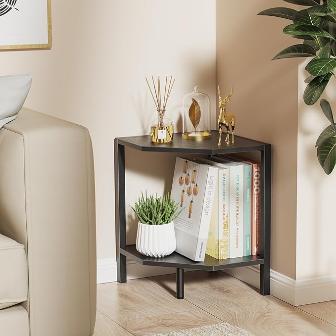 Corner Shelf Stand, 2 Tier Industrial Corner Bookshelf, Multipurpose Standing Corner Display Shelf Countertop Organizer for Living Room Kitchen Bedroom Office, Black