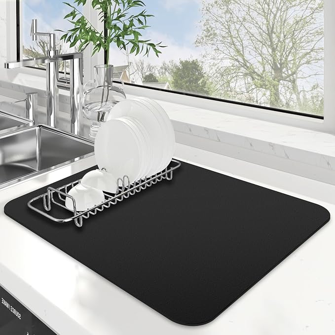 WISELIFE Dish Drying Mat Super Absorbent Drying Mat Large Dish Drying Mats for Kitchen Counter Easy Clean Dish Mat Kitchen Drying Mat15"x 18" Classic Black