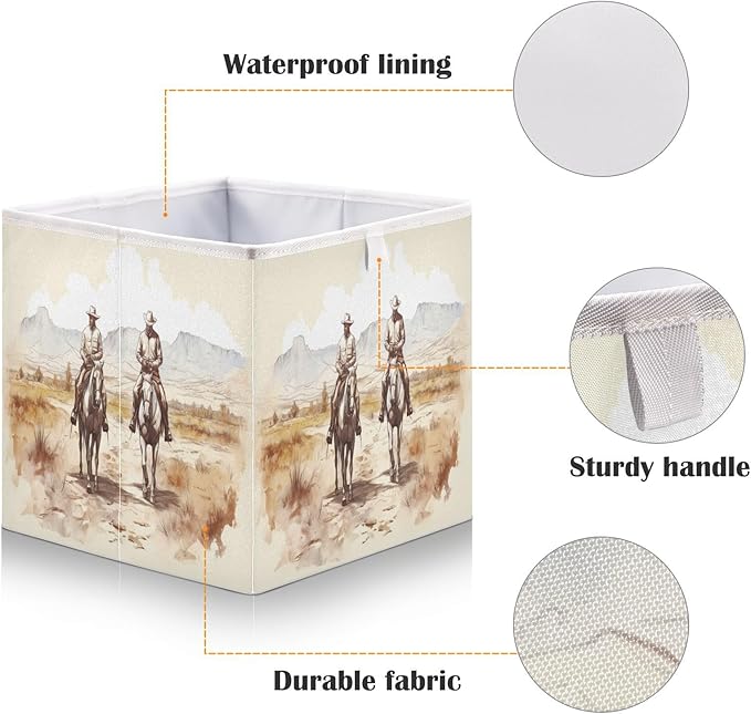 Two Western Cowboys Cube Storage Bin Foldable Storage Cubes Fabric Storage Baskets for Shelf Closet Home Organizers, 11 Inch