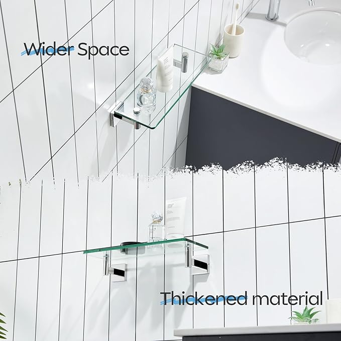 KOKOSIRI Bathroom Shelves Wall Mounted Floating Glass Shelf Polished Stainless Steel 12-Inch Small Hanging Rack for Storage/Room Decor B1105CH-L12