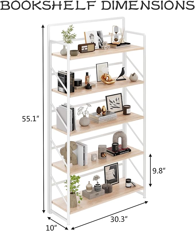 JSB Folding Bookshelf,Industrial Storage Shelves, No Assembly Vintage Wood Look Bookshelf with Storage Shelves for Living Room, Bedroom, Office (White, Wide 5-Tier)