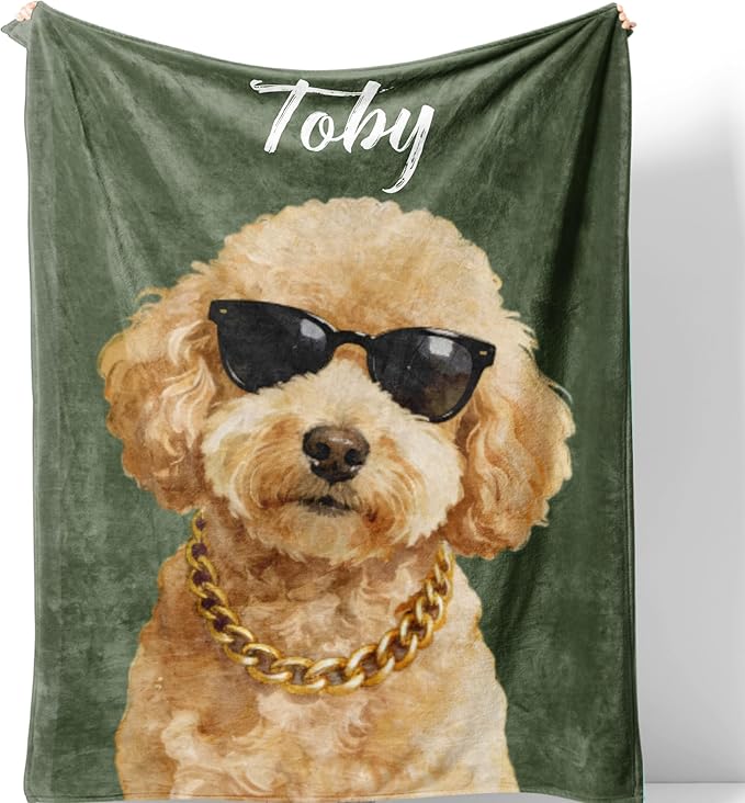 Custom Pet Portrait Blanket Personalized Fleece Throw Blankets with Dog Cat Watercolor Photo & Name Cute Cozy Soft Warm Unique Gift Ideas for Pets Lover Dog's Dad Mom