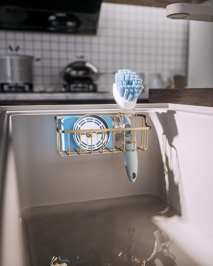 Consumest Sponge Holder Sink Caddy - Ladder Shaped Sponge Holder for Kitchen Sink with 2 Installation Ways (Suction Cups & Adhesive Hook), Rustproof Stainless Steel Kitchen Organizer, Gold