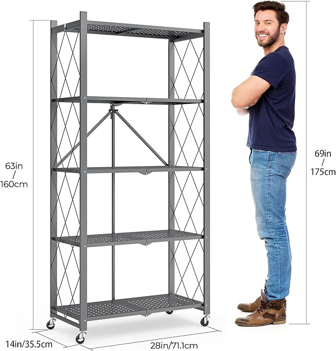 5-Tier Folding Metal Storage Shelf with Wheels, Heavy Duty Organizer Rack Holds 750 lbs, No Assembly Utility Shelving for Kitchen, Garage, Pantry, Living Room, Office (New Upgrade - Gray, 5 Tier)