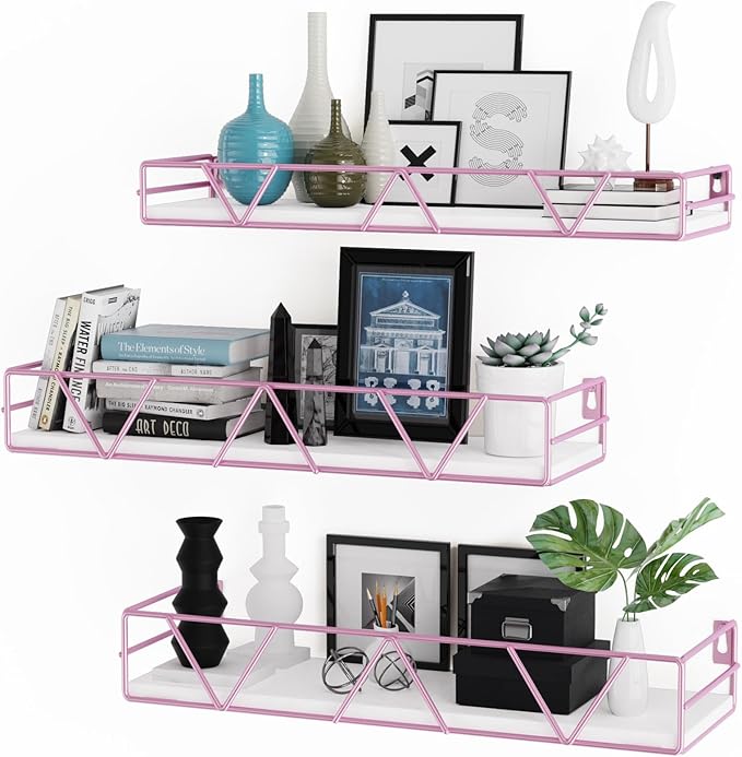 Floating Shelves Set of 3, Home Wood Wall Shelf, Farmhouse Shelf for Bedroom, Wall Mounted Floating Shelf for Living Room, Bedroom, Bathroom, Kitchen, Office (Pink)