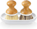 SUBEKYU Dish Brush, Bamboo Dish Scrubber Brush Set with Tray, Natural Kitchen Dishwashing Scrub Brush for Cleaning Dishes/Pans/Pots, Built-in Scraper, Natural Sisal + Palm Bristles, Set of 2