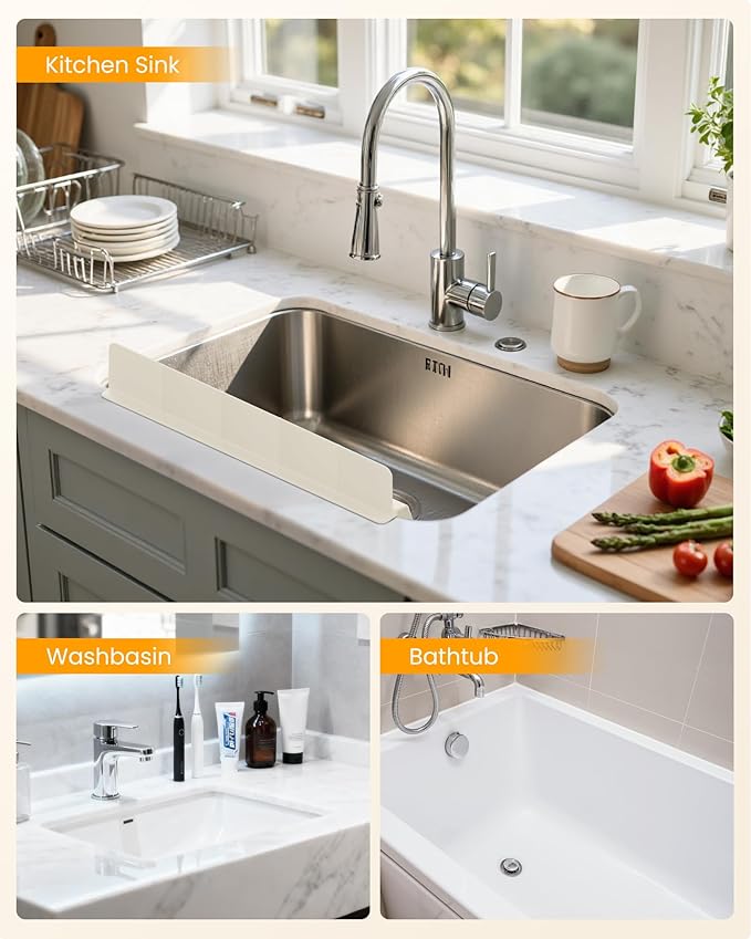 Kitchen Sink Splash Guard 23" Silicone Water Guard with Strong Suction Cups, Faucet & Countertop Protector, Bathroom & Sink Edge Splash Guard Strip, Easy Install, Dishwasher Safe-Cream