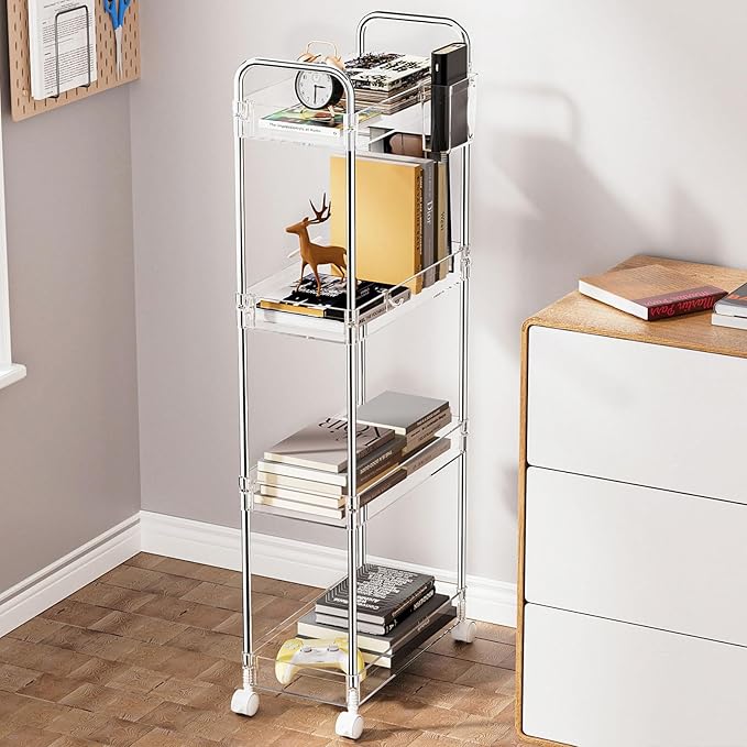 SPACEKEEPER Acrylic Rolling Storage Cart 4 Tier Clear Bathroom Cart Organizer, Transparency Rolling Utility Cart Laundry Room Organization Multifunction Mobile Shelving Unit for Office, Living Room