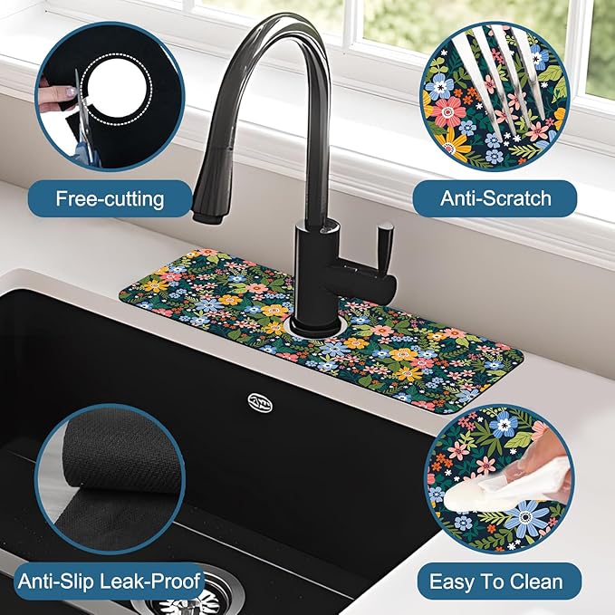 Colorful Flower Sink Splash Guard Faucet Mat Flowers Leaves Super Absorbent Fast Drying Mat Sink Gadgets-Splash Guard Behind Faucet Drip Catcher for Kitchen Bathroom, 15.5"x5.5"