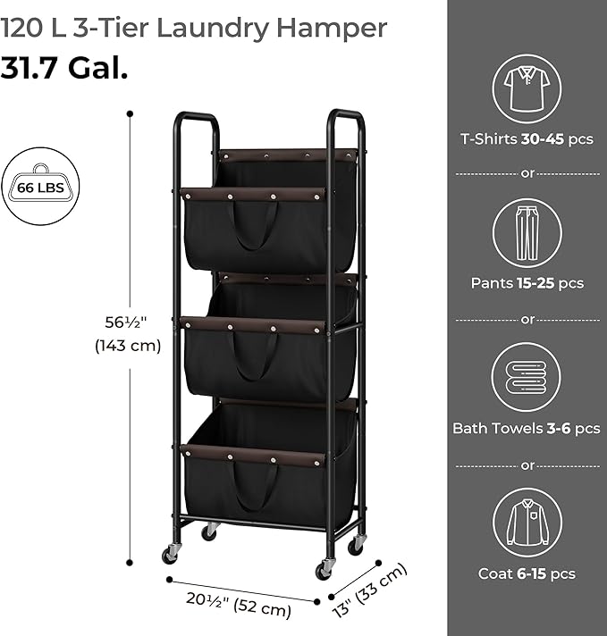 GRANNY SAYS 3 Tier Laundry Sorter, Laundry Basket with Wheels, Laundry Room Organization and Storage, 3 Section Rolling Laundry Cart for Dorm, Bathroom, Bedroom, Closet, Black