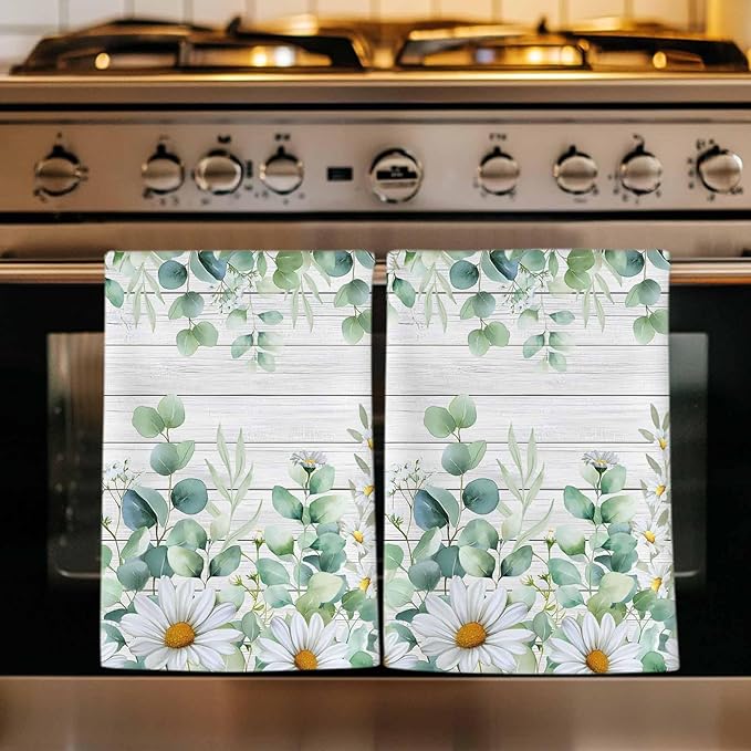 Kitchen Towels Set of 2, Green Eucalyptus Leaves Soft Microfiber Dish Towels, Daisy Summer Botanical Wooden Absorbent Quick-Dry Washable Dishcloths for Kitchen Cleaning, Drying Dishes, 18x28 Inches