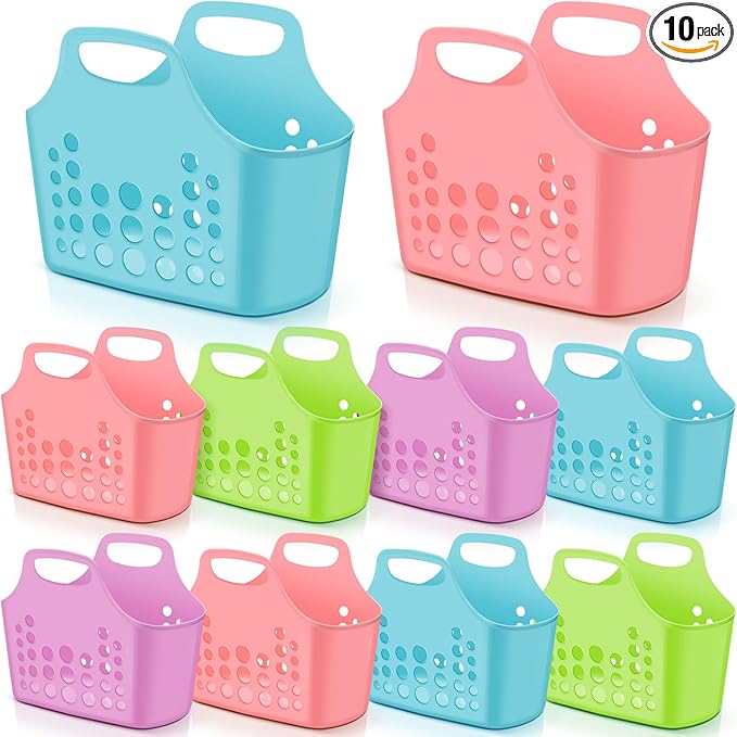 Nuogo 10 Pack Assorted Multicolor Basket with Handles Plastic Oval Carry Totes with Handles Caddy Multipurpose Organizer Reusable for Bathroom Dorm Communal Showers Kitchen School, 10.6" x 6" x 10"