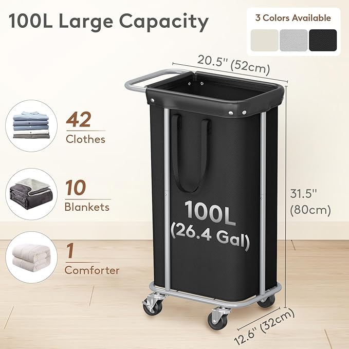 Lifewit 100L Large Laundry Basket with Wheels, Tall 1 Section Laundry Hamper Organizer, Rolling Laundry Cart with Steel Frame & Removable Bag for Luandry Room Bathroom Bedroom, Black
