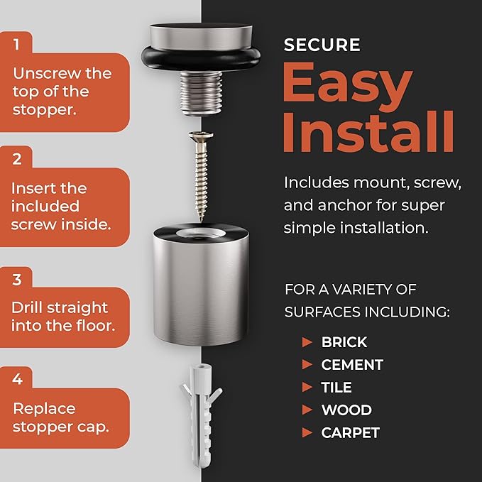 NYCO - Floor Door Stopper Chrome Door Stop - Classy Solid Steel Modern Heavy Duty Door Stoppers - Floor Mount Anchor Screw - Wall Protector for Commercial Door (1.5 Inch Satin Chrome Finish)