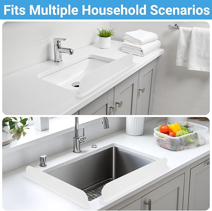 19.29 inch Silicone Sink Splash Guard, Splash Guard for Kitchen Sink Area, Backsplash Protector for Kitchen Countertop & Bathroom Bathtub with Non-Slip Strong Suction, White