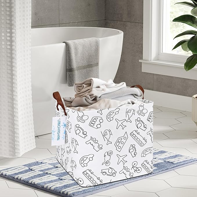 LANGYASHAN Square Storage Baskets Waterproof Canvas Children Laundry Nursery Hamper for Shelves Gift Baskets Toy Organizer Room Decor(Vehicle)
