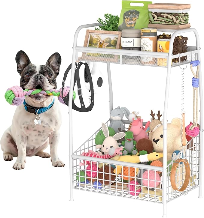Indestructible Medium Dog Toy basket, Toy Box for Dogs,Pet Toys Bin Dog Metal Wire Basket for Toys, Food Storage, Storage Organizer Chest Storage, Toy Box for Living Room Area (White)