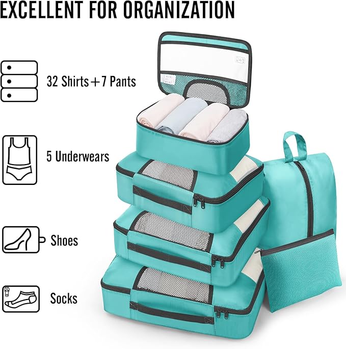 Veken 8 Set Packing Cubes for Travel Essentials, Suitcase Organizer Bags in 4 Sizes, Carry-On Luggage Accessories with Large Laundry & Hanging Toiletry Bag, Must-Have for Airplane, Road Trip & Camping