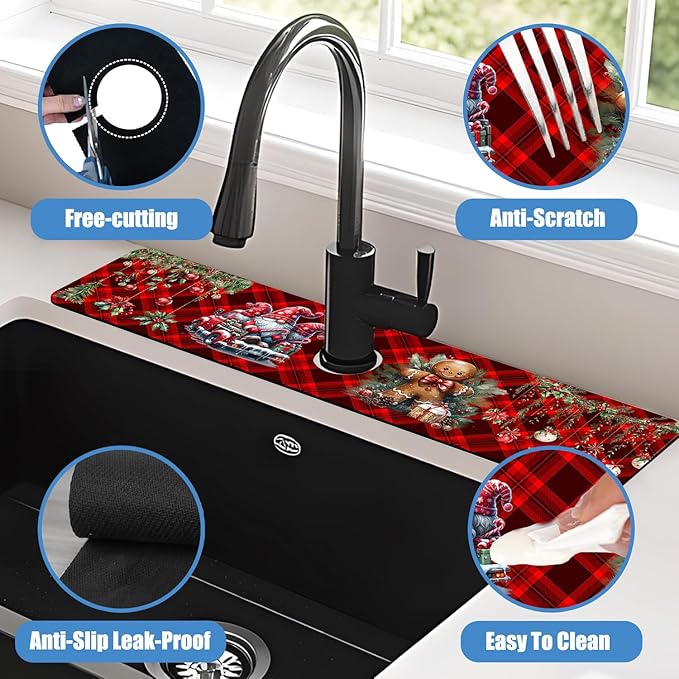 Chrismas Sink Splash Guard Faucet Mat Cute Christmas Absorbent Fast Drying Mat Sink Gadgets Splash Guard Behind Faucet Drip Catcher for Kitchen Bathroom 23.5"X5.5"