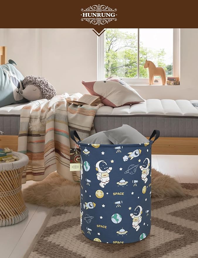 HUNRUNG Laundry Hamper,Large Canvas Fabric Lightweight Storage Basket Toy Organizer Dirty Clothes Collapsible Waterproof for College Dorms（Round-Blue Space Astronaut）