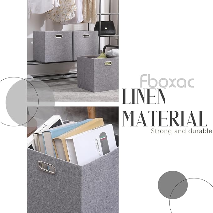 Collapsible Organization Basket Fabric Foldable Box with Handles, 13x13 Cube Storage Bins Set of 4, Thick and Heavy Duty Storage Baskets for Shelves Bedroom Livingroom,Gray