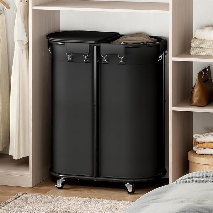 Chrislley 200L Double Laundry Hamper with Wheels and Lid, Large Oval Rolling Laundry Basket 2 section, Laundry Cart with Removable Bags and Iron Frame, Dirty Clothes Hamper for Home, Dorm, Black