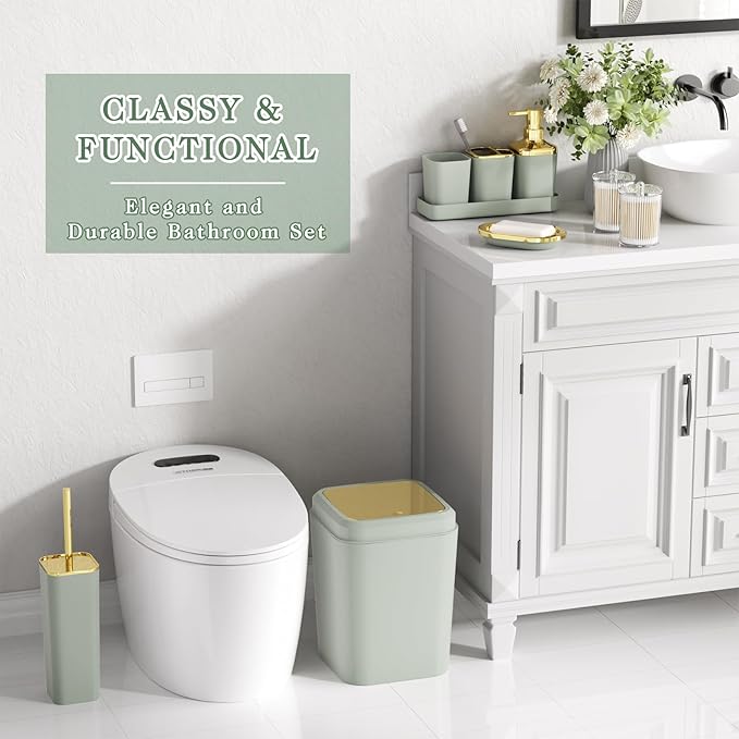 Bathroom Set, Sage Green Bathroom Accessories Set with Press-on Lid Bathroom Trash Can, Soap Dispenser, 10PC Bathroom Accessory Set for Home