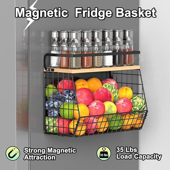 2 Pack Magnetic Spice Storage Rack Organizer for Refrigerator, Magnetic Shelf for Fridge with Wood Lid, Organizer for Kitchen & Laundry, Potato and Onion Storage Bins, Large Container, Strong Magnets