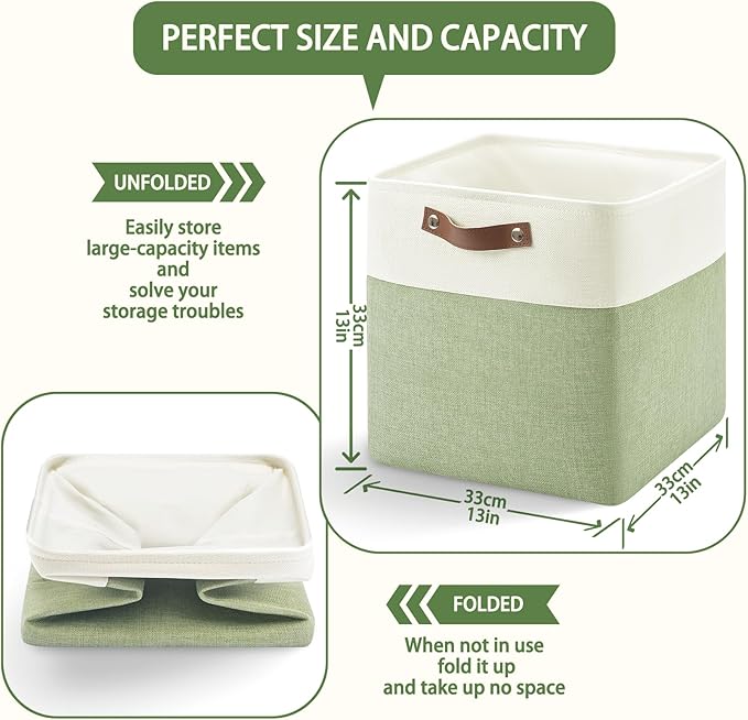 13 Inch Cube Storage Bins,Set of 4, Foldable Storage Basket with PU Handles for Organizing Home, Closet, Laundry, Office, Organizers for Shelves(White/Green)