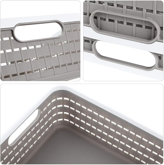 CertBuy 3 Pack Plastic Storage Baskets 14 x 10 x 4.5 Inch Large Weave Storage Bins with Handle for Cabinet Shelf Kitchen Bedroom Bathroom and Office Grey