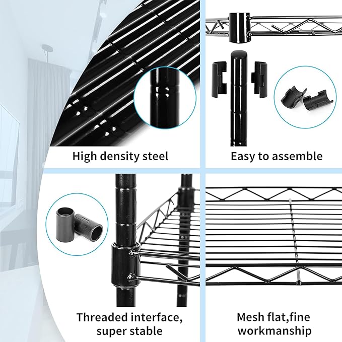 6-Tier Wire Shelving Adjustable Shelves Unit Metal Storage Rack for Laundry Bathroom Kitchen Pantry Closet Organization (Black, 16.6" L x 11.4" W x 64.6" H)